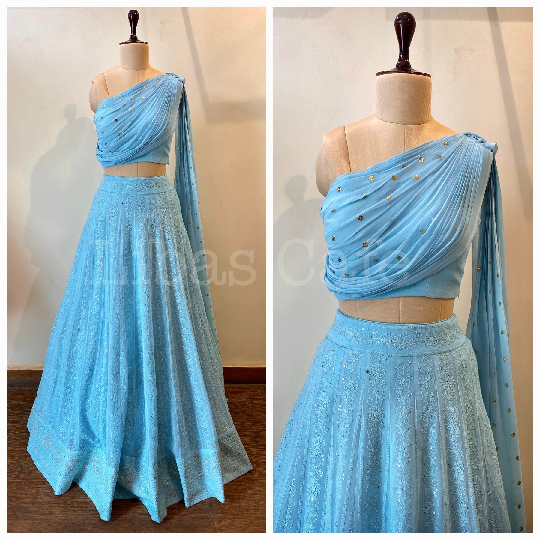 Ice Blue Drape Lakhnavi Lehenga